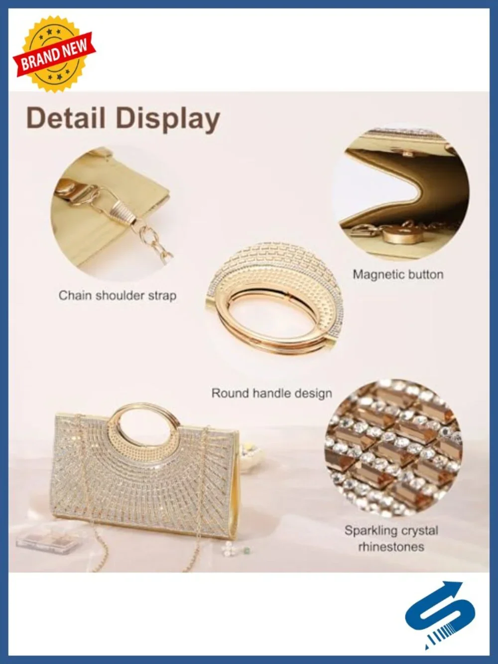 Sparkly Rhinestone Evening Clutch Purse with Chain - Formal Wedding Party Bag